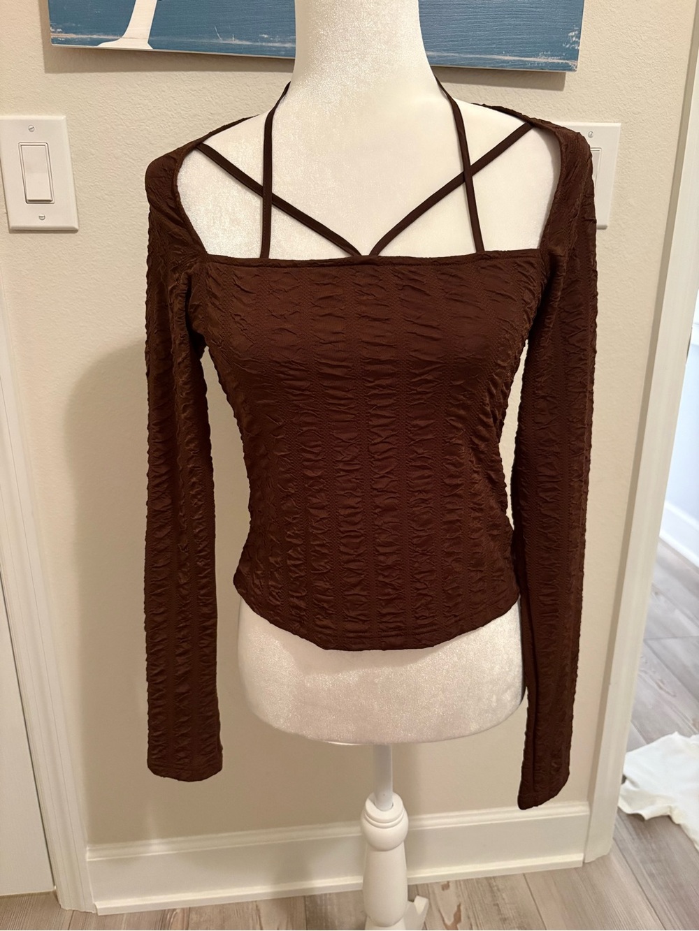 Topshop Chocolate Brown Textured Long Sleeve Square-Neck Top